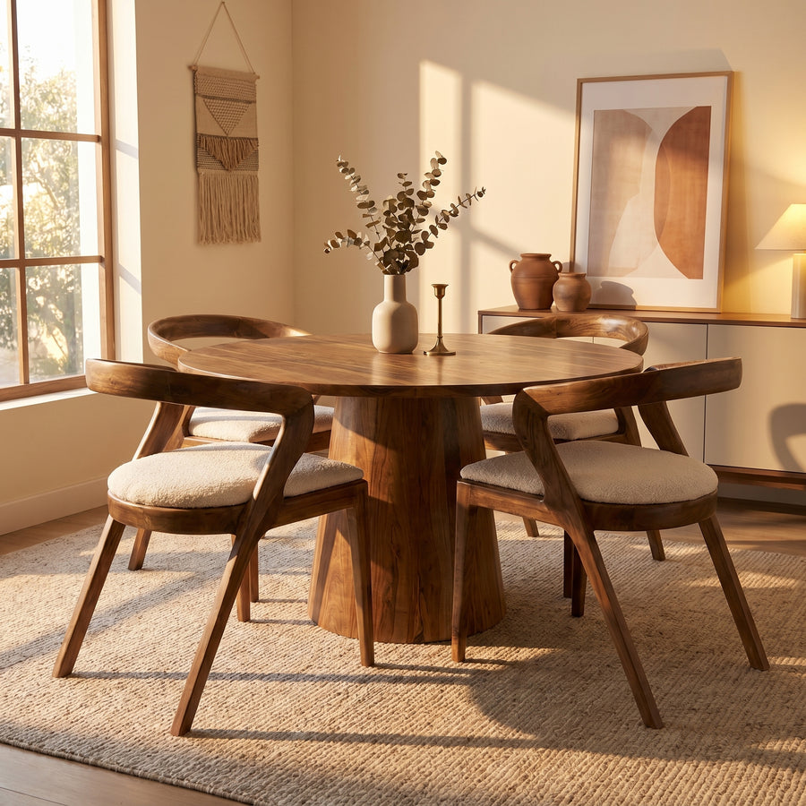 Élégance Artisanale : Table Ronde en Noyer Massif et Assises en Bouclé Blanc